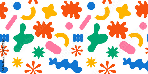 Colorful abstract seamless pattern with playful organic shapes and blobs. Bright Memphis style background for textile, packaging, wallpaper, kids design and modern branding
