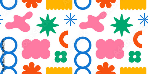 Bright Memphis seamless pattern with colorful abstract shapes and playful geometric elements. Modern retro background for textile, packaging, wallpaper, kids decor and branding design