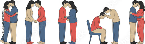 Vector illustration of people in comforting and affectionate poses showing empathy, support, and emotional connection