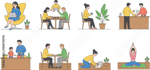Vector illustration of people in everyday activities including work, leisure, cooking, social interaction, and self‑care routines