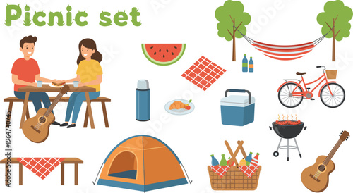 Vector illustration of picnic set with table, food, drinks, bicycle, grill, tent, basket, and outdoor leisure items