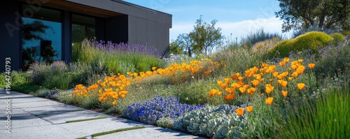 Ultra-realistic close-up of succulents and California poppies in a modern landscape design