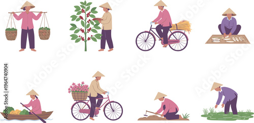 Vector illustration of traditional rural agriculture with farmers in conical hats performing diverse farming and village activities