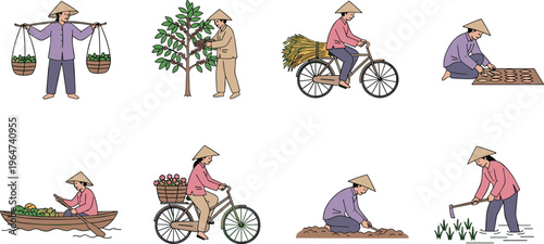 Vector illustration of traditional rural farming with farmers in conical hats performing diverse agricultural and village activities