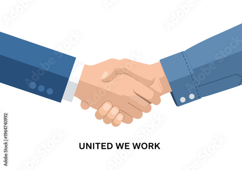 United we work concept showing handshake between business person in suit and manual worker in denim shirt for labor day cooperation message artwork.