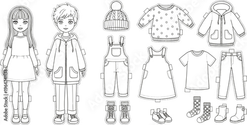 Vector illustration of paper dolls with clothing accessories including dresses, jackets, hats, shoes and mix‑and‑match outfits
