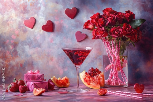 Valentine's Day cocktails, red and pink drinks with roses in the glasses, gift boxes on the table, heart-shaped ice cubes