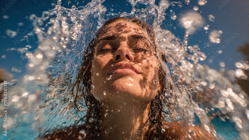 Fototapeta premium Young woman enjoying a refreshing water splash, eyes closed in blissful summer moment under a clear sky.