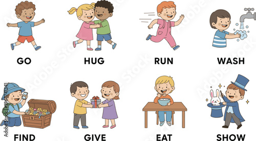 Vector illustration of cartoon action verbs including go, hug, run, wash, find, give, eat and show