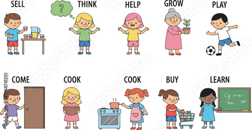 Vector illustration of cartoon action verbs including sell, think, help, grow, play, cook, buy and learn