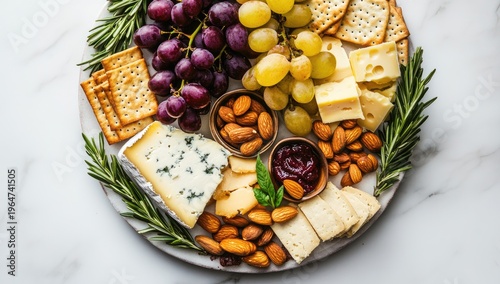 Vibrant cheese platter with grapes, nuts, and crackers on a white marble background. Perfect for any design