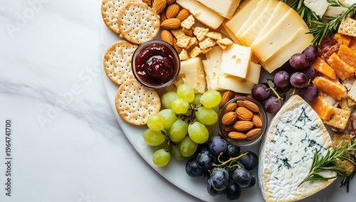 Vibrant cheese platter with grapes, nuts, and crackers on a white marble background. Perfect for any design