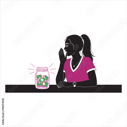 A girl looking at a jar of money with a thoughtful expression Vector