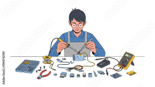 Crafting Electronics: A focused individual meticulously soldering electronic components, surrounded by a comprehensive array of tools and devices.