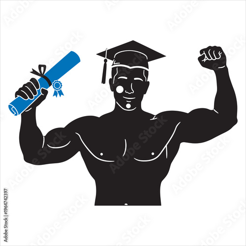 A muscular man in a graduation cap holding a diploma Vector