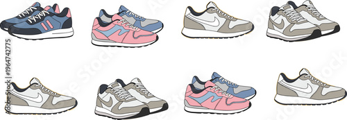 Sneaker Collection Featuring Modern Sport Shoes, Casual Footwear and Stylish Running Trainers Detailed Fashion Vector Illustration Set