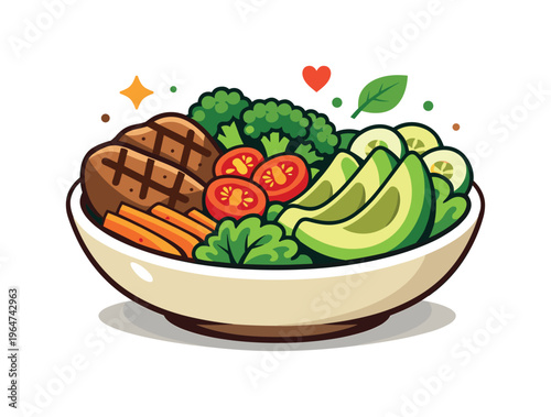 Paleo diet healthy meal bowl filled with grilled meat, fresh vegetables, avocado slices, and herbs arranged in a balanced natural composition. The scene