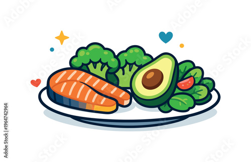 Low carb healthy plate featuring grilled salmon, broccoli, avocado, and leafy greens arranged in a colorful balanced portion. The scene conveys a mindful