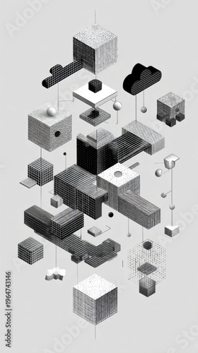 Geometric shapes floating in mid-air for technology and design concepts