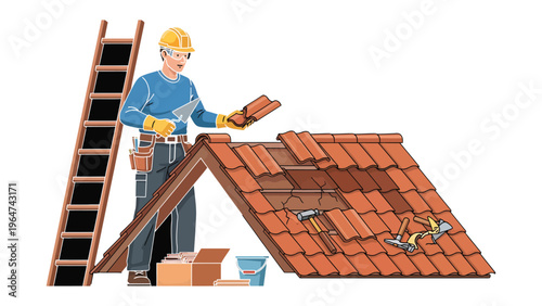 Roofing Repair: A skilled craftsman expertly repairs a roof, demonstrating precision and expertise in construction, surrounded by tools of his trade.