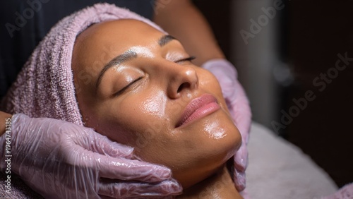 Close-up of a serene woman enjoying a hydrating facial massage at a luxury spa, receiving professional skincare treatment for glowing, healthy skin.