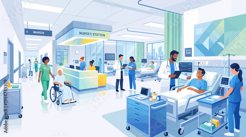 A bustling hospital ward with diverse medical staff attending to patients in beds and a wheelchair, featuring a nurse's station and various medical equipment.