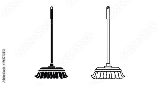 Two black broom and mop outlines against a white background silhouette