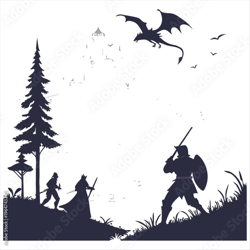 Black silhouette of knights on background of castle attacked by dragon. Fantasy landscape. Medieval panorama