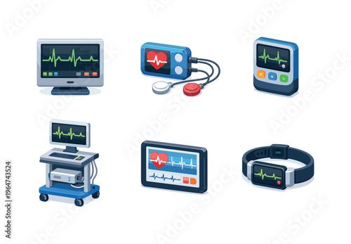 Heart rhythm analysis. Isometric flat vector icons set of heart rhythm analysis: ECG waveform monitor screen, portable arrhythmia detection device, digital