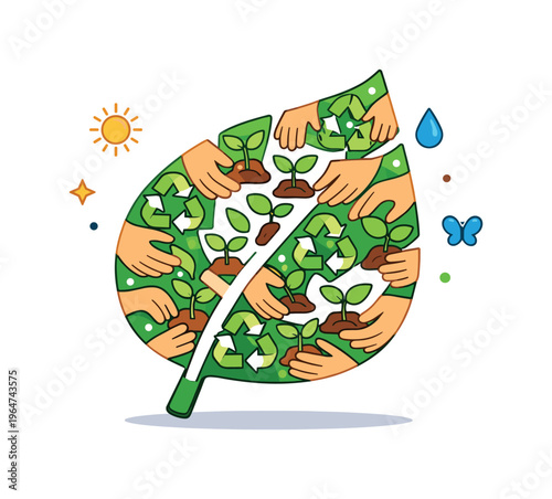 Crowdsourced environmental conservation centered around a large green leaf formed from many small hands placing tiny plants and recycling symbols together. The