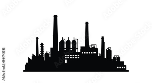 Industrial complex with multiple smokestacks against a white background silhouette