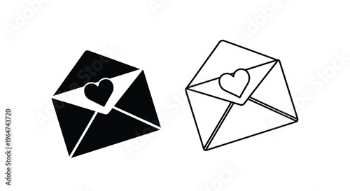 Two envelopes with heart shapes one dark and one light silhouette