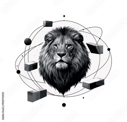 lion head, geometric circles and abstract rectangular blocks orbiting around the composition, black and white retro photographic lion head with white cut-out