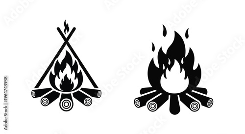 Two black campfire illustrations with stylized flame designs silhouette