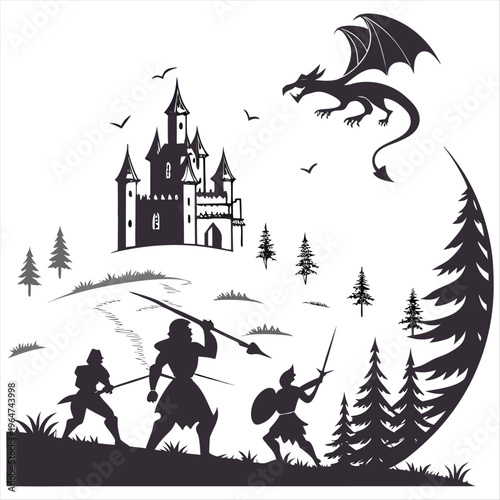 Black silhouette of knights on background of castle attacked by dragon. Fantasy landscape. Medieval panorama