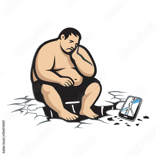 A man sitting on the ground with a broken phone Vector