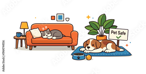 Pet-friendly home products cozy living space where a relaxed cat sleeps on a soft sofa while a dog rests on a washable rug beside a houseplant labeled pet