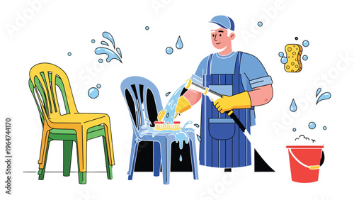 Chair Cleaning: An individual is meticulously cleaning a chair with a water spray, highlighting the importance of maintaining hygiene in daily life. 