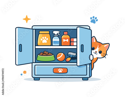 Pet storage solutions small cabinet filled with neatly arranged toys and grooming items while a curious kitten peeks from behind the door, representing