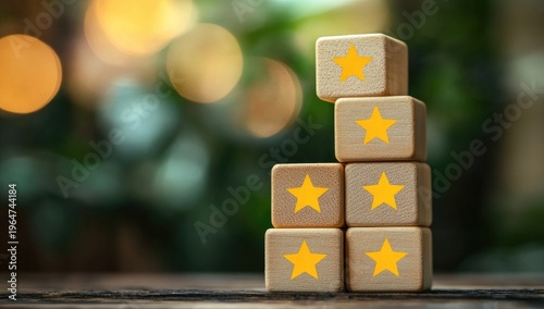 Wooden cubes with yellow stars on them, stacked in a pyramid shape against a blurred background.