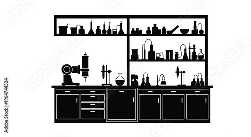 A detailed laboratory setup with glassware and equipment silhouette