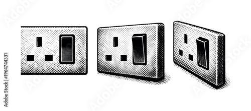 Electrical outlet with switch. A wall electrical socket combined with a rectangular power switch on the same plate, presented as the same object in three