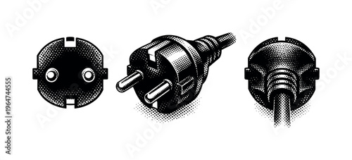 Electrical power plug. A standard household electrical power plug with two round pins and a molded body, shown as the same object in three views: front view of