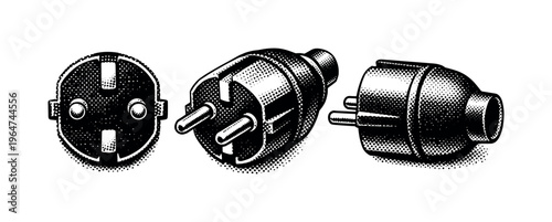 European Schuko power plug. A European Schuko style electrical plug with two round pins and side grounding contacts on a cylindrical body, displayed as the