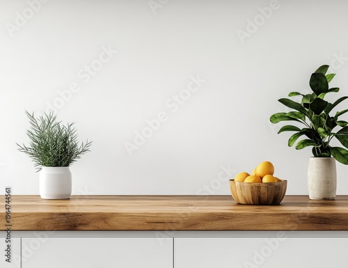 Wooden kitchen counter with a plant isolated on a white background