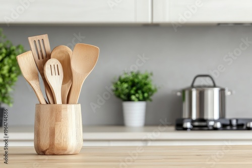 Wooden kitchen counter with a plant isolated on a white background