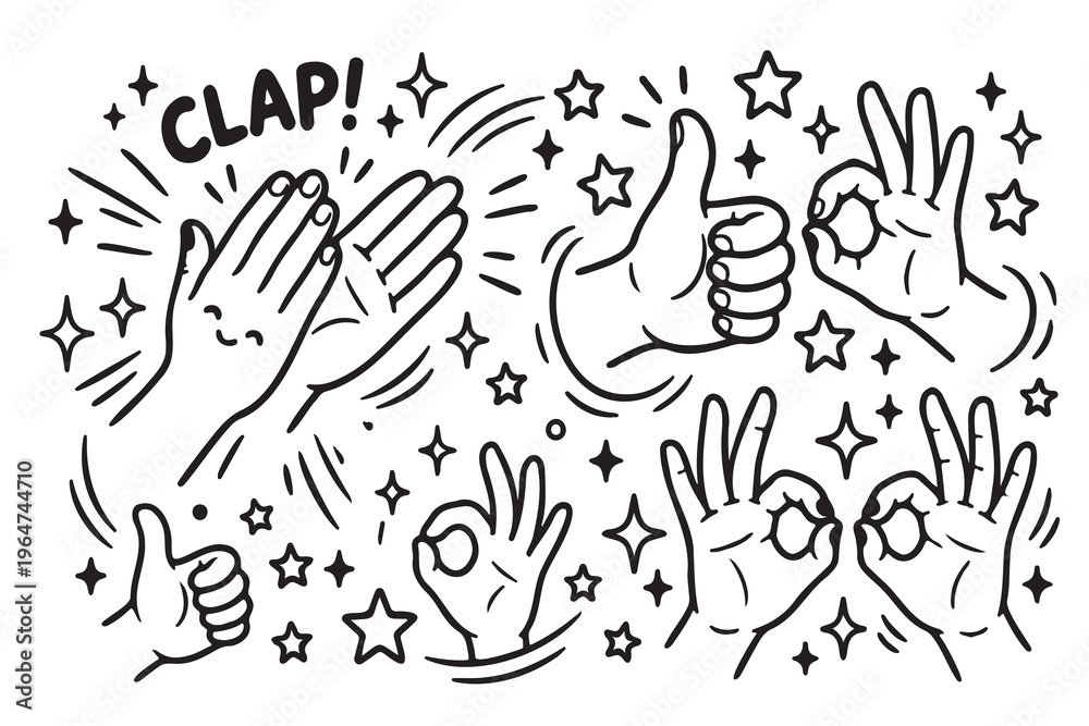 Fototapeta premium Black and white cartoon-style illustration of hands making gestures including clapping with text CLAP, thumbs-up, and OK sign, surrounded by stars, sparkles, and motion lines, expressive design symbol
