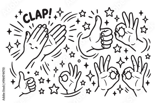 Black and white cartoon-style illustration of hands making gestures including clapping with text CLAP, thumbs-up, and OK sign, surrounded by stars, sparkles, and motion lines, expressive design symbol