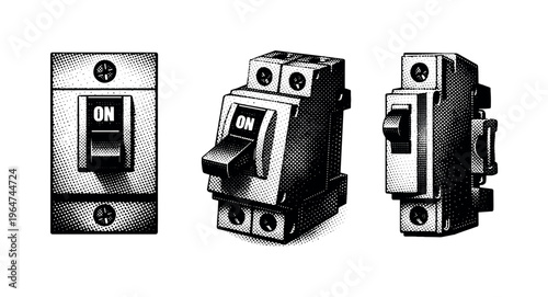 Circuit breaker switch. A standard electrical circuit breaker module with a rectangular housing and toggle switch, shown as the same object in three views: