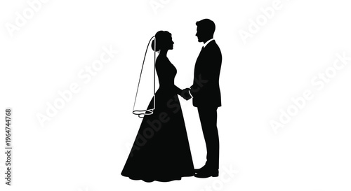 Newlywed couple embracing a romantic black shape silhouette